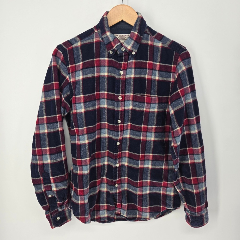 Wallace & Barnes Flannel Shirt Mens S‎ Navy Red Plaid Wool Blend Button Down